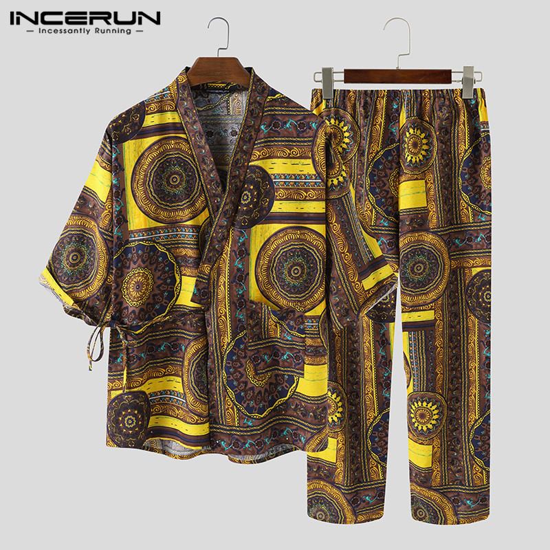 

Cotton Printing Men Sets Vintage Half Sleeve Streetwear V Neck Tops Kimono Pants 2020 Ethnic Casual Men Sets Homewear INCERUN, Green