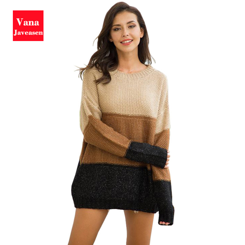 

Patchwork Striped Knitted Sweater Womens Loose Autumn Winter Pullover Sweaters Women Clothing Casual O-neck Long Sleeves Sweater, Style4