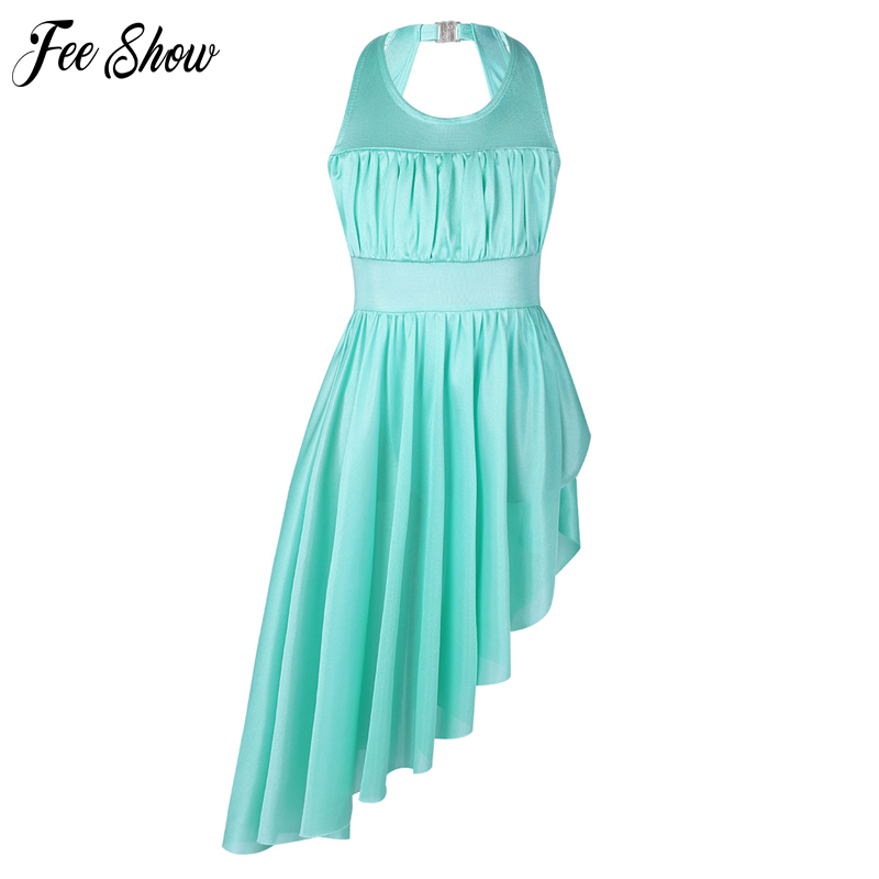 

Kids Girls Sleeveless Ruched Cutout Back with Clasp Irregular Hem Ballet Dance Gymnastics Leotard Dress for Summer, Mint green