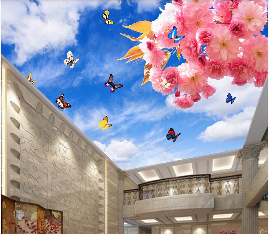 

WDBH 3d ceiling murals wallpaper custom photo Cherry blossom blue sky and white clouds butterfly ceiling home decor wallpaper for walls 3 d, Non-woven