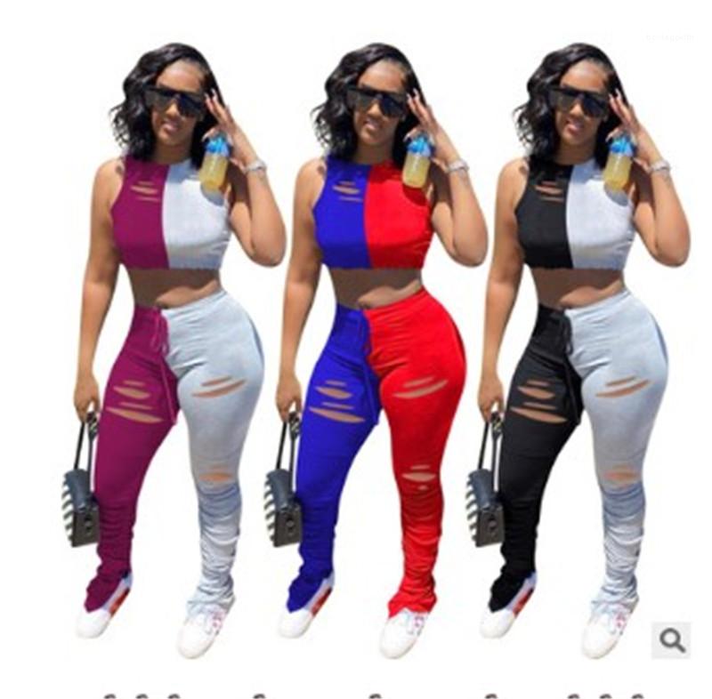 

Out Patchwork Tracksuits 2pcs Long Stacked Trousers Clothing Sets Women High Waist Two Piece Pants Womens Designer Hollow, Blue red