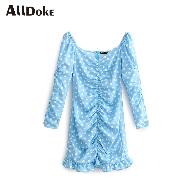 

ALLDOKE blue dot print short dress women summer square collar puff sleeve high waist ruffles sheath ladies dresses vestidos, Sky blue