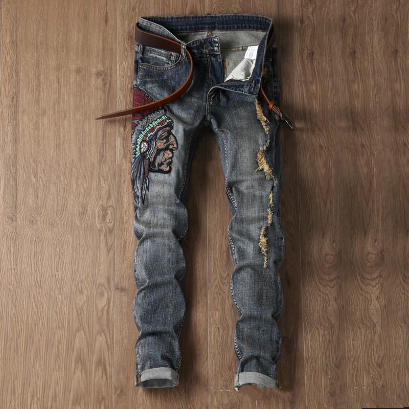 

Fashion Men's Jeans Ripped Pants Stretch Motor Jeans Straight Denim Pants Distressed Trousers, As pic