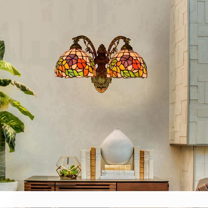 American coloured glass wall lights living room dining room corridor glass sconce Retro tiffany style double head wall lamp TF039-image-560605719
