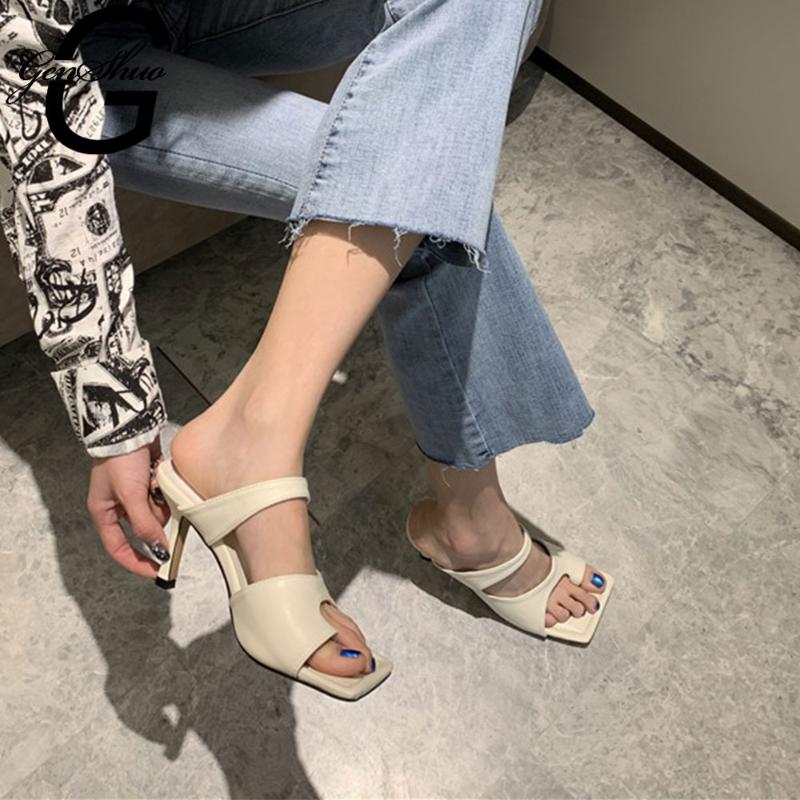 

GENSHUO Women Sandals Black White Mule Heels Sandals Slippers Women High Heels Flip Flops Square Toe Slides Party Shoes Woman