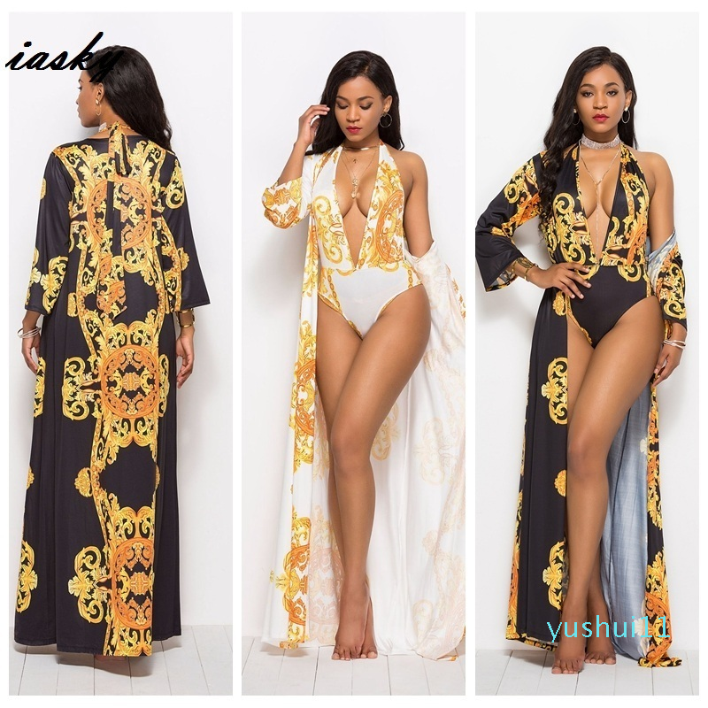 

Wholesale-Retro print deep V neck one piece swimsuit+ beach cover ups set 2019 New sexy women swimwear bathing suit &cover up 2PCS/S