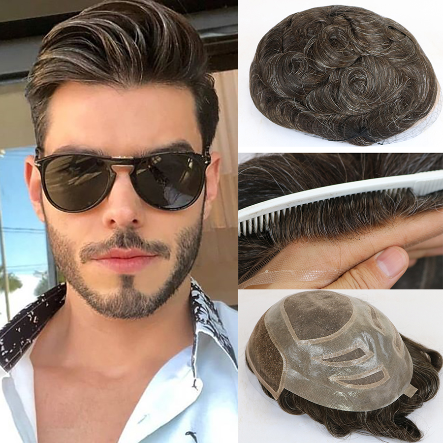 

Natural Human Hair Mens Toupee French Lace Front Hair Replacement System Fine Mono Hairpieces Wigs for Men, Natural color