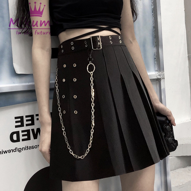 

New Summer Women Skirts Harajuku Gothic Black Sexy Pleated Skirt Punk Style Female High Waist Short Skirts With Belt Chain, As pic