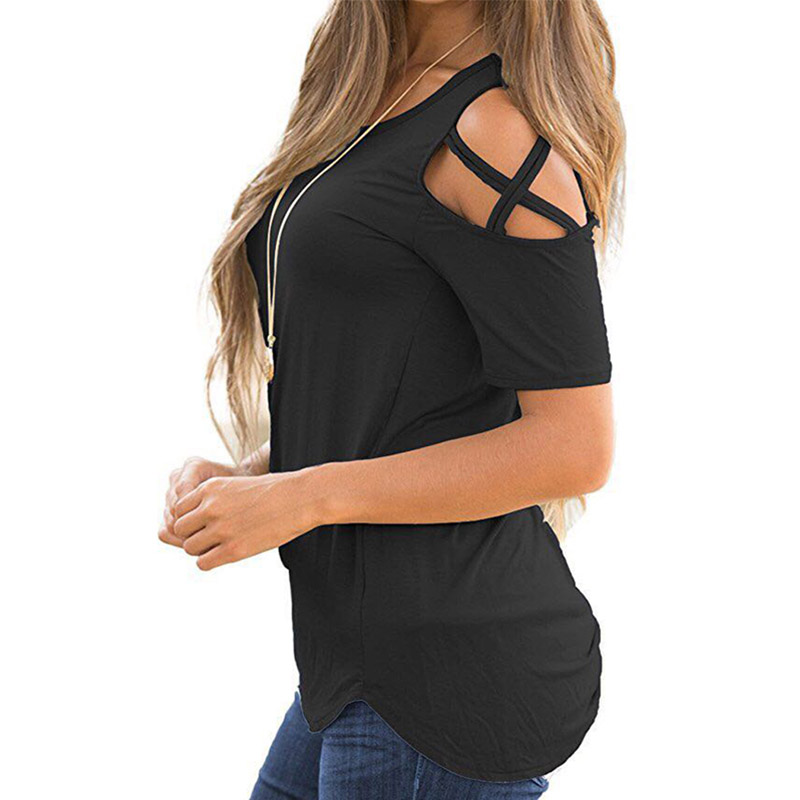 

Blackday Women Summer Short Sleeve Strappy Cold Shoulder T-Shirt Tops t shirt Women Short O-neck Top Tees Feminina Camiseta, Black