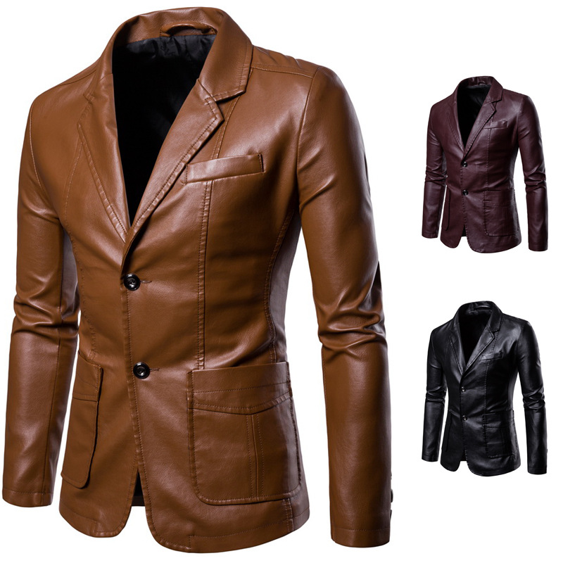 

PU small suit with slim lapel for men. Leather jacket with lapel for men, Black