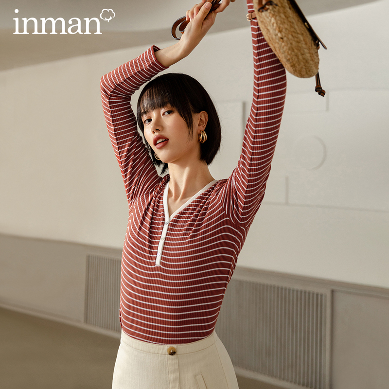 

INMAN 2020 Autumn New Arrival Basic Long Sleeve V-neck Contrast Color Stripe Neckline Open Button Comfortable T-shirt, Yellow