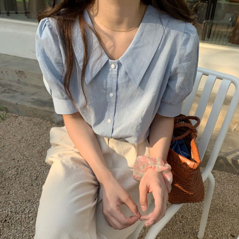 

Girls Sweet Gentle Solid Short Sleeves 2020 All Match Fashion Cute Casual Blouses Chic Shirts Vestido Robe Mujer, Blue