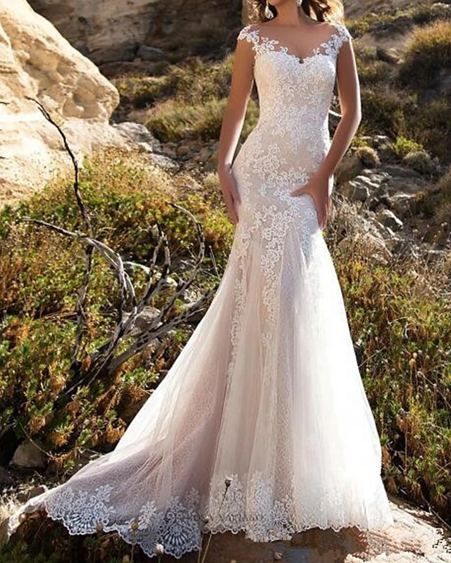 

mermaid / trumpet wedding dresses v neck sweep / brush train lace cap sleeve mordern illusion detail with buttons lace insert, White