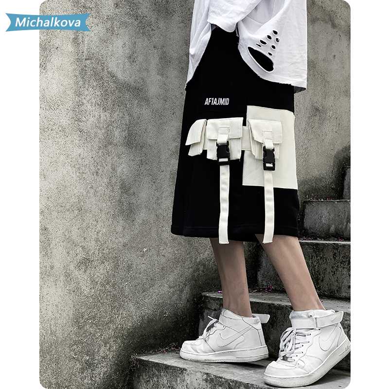 

shorts vintage Harajuku Sweatpants Streetwear Fashion Ribbons Joggers women/Men's clothes Pockets Patchwork Hip Hop Cargo Pants, Black
