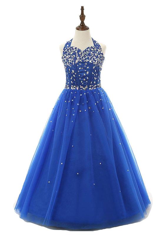 

Halter Sequins Floor Length Flower Girl Pageant Gowns with Handmade Beaded Children Bridesmaid Birthday Dance Ball Dresses, Red