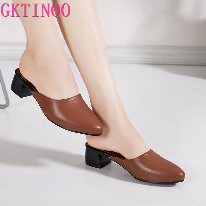 

GKTINOO Women Summer Slippers Office Lady Slides Fashion Female Med Heels Sandals Casual Mules Genuine Leather Woman Shoes 2020, 177 brown