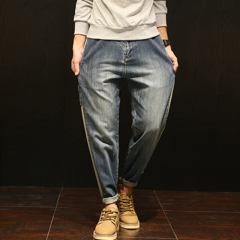 

Vintage Full Length Mens Jeans Cuffs Plus Size Solid Color Blue Harem Pants Denim Mens Trousers 2020 Men Clothes OMP205003