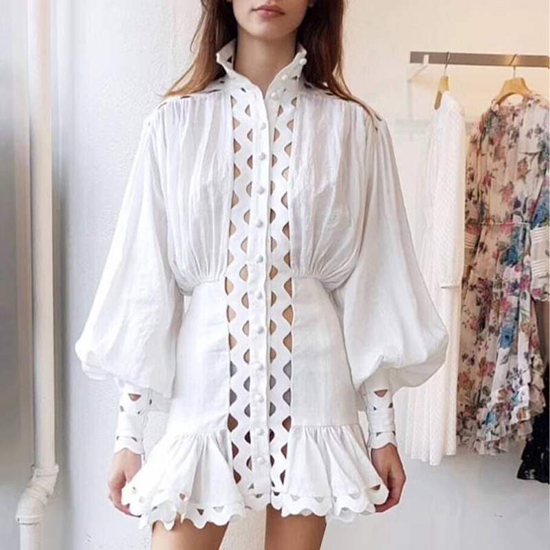 

Casual Dresses Retro Lantern Sleeve Dress Holiday Wind Cutaway Collar Hollow Embroidery Flounce Waist Applique Fish Tail, White