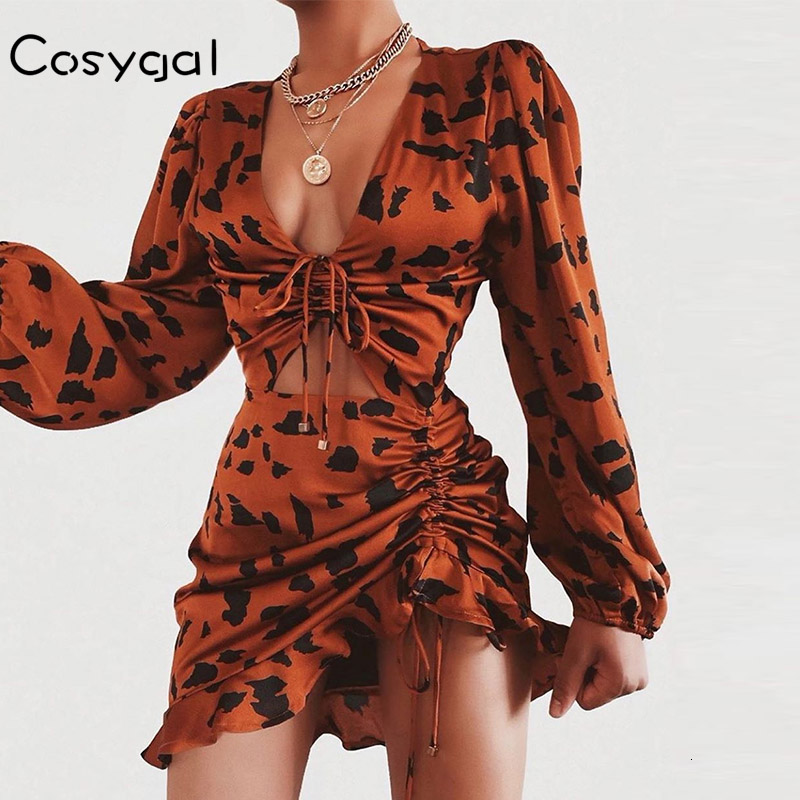 

COSYGAL Puff Sleeve Hollow Out Mini Sexy Dress Printed Pleated Bodycon Dress Summer Deep V Neck Club Party Women Robe 2020, Brown