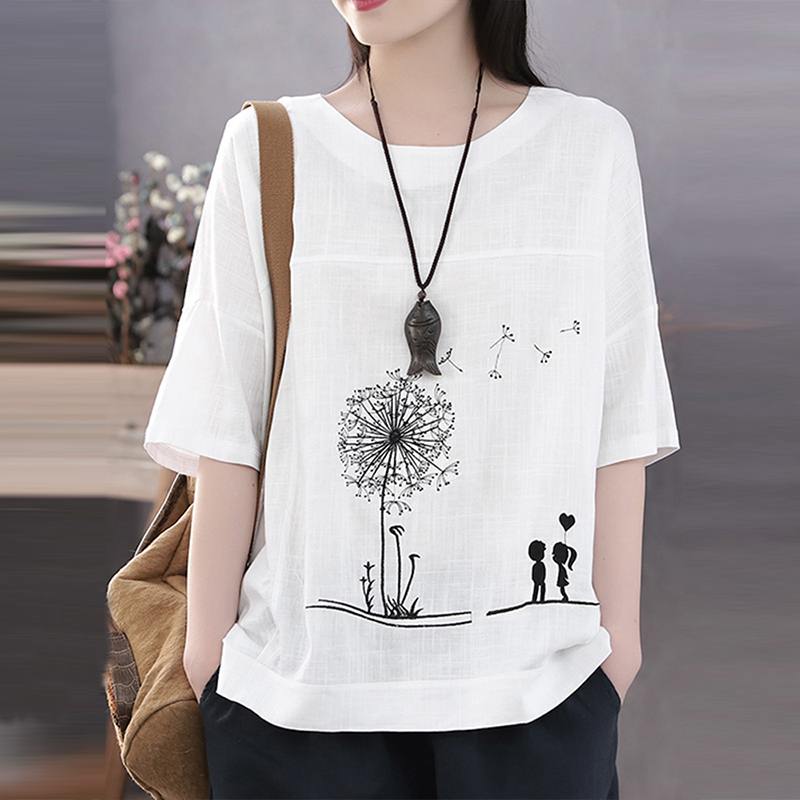 

Women Blouse Casual O Neck Loose Tunic Tops 2020 Autumn Fashion Cartoon Printed 3/4 Sleeve Cotton Shirt Female Blusas Chemise, As072305