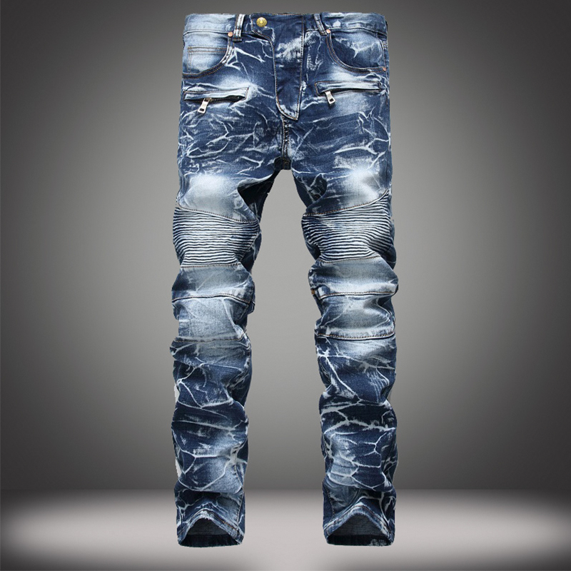 

Jeans Men Zipper Blue Ruffled Slim Trousers Jeans Men