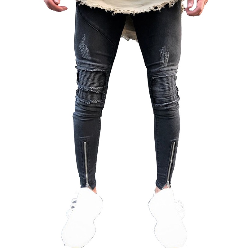 

High Quality Men Elastic Skinny Jeans Wrinkle in Knee Hip Hop Biker Pants Thigh Ankle Zipper Male Ripped Trousers Dropshipping, 1847