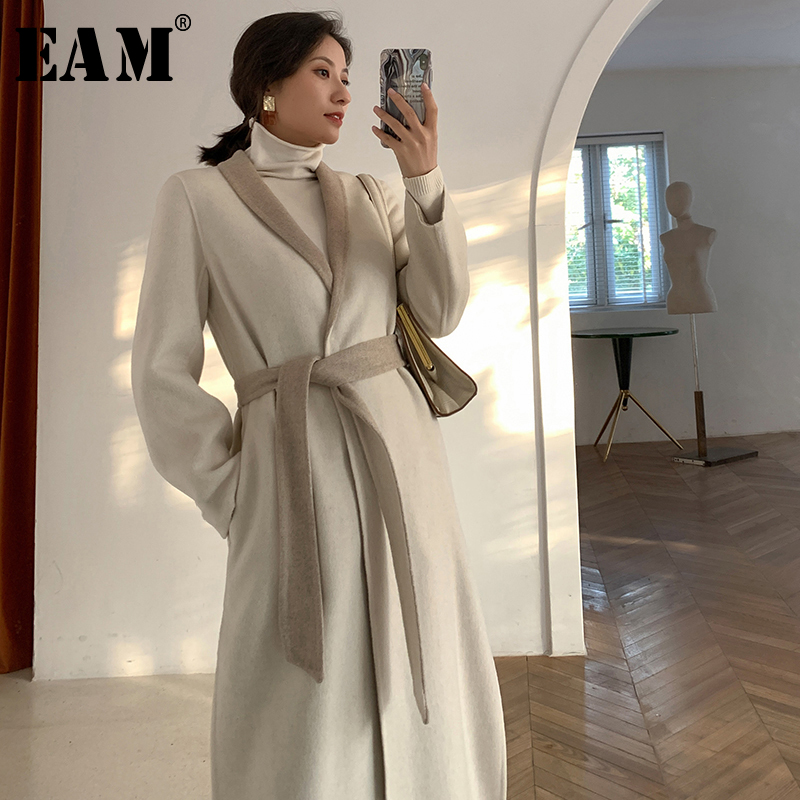 

EAM] Loose Fit Double Side Wool Long Bandage Woolen Coat Parkas New Long Sleeve Women Fashion Tide Autumn Winter 2020 1X589, Beige