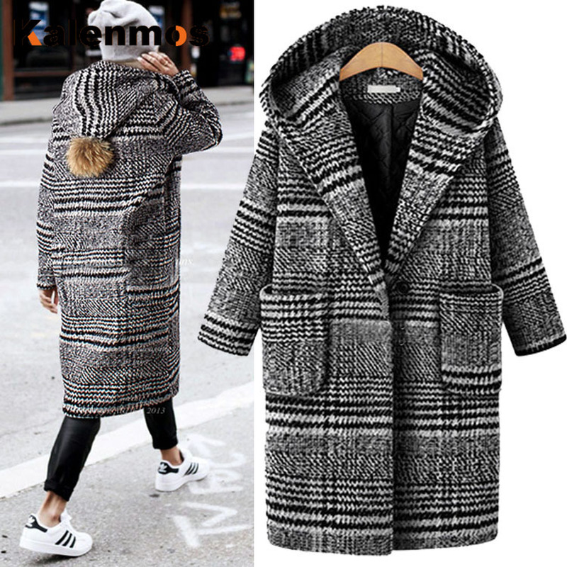 

Plus Size -5XL Winter Long Overcoat Women Pocket Plaid Warm Outfit Handmade Loose Korean Thick Coat Hooded Outwear Casual Top