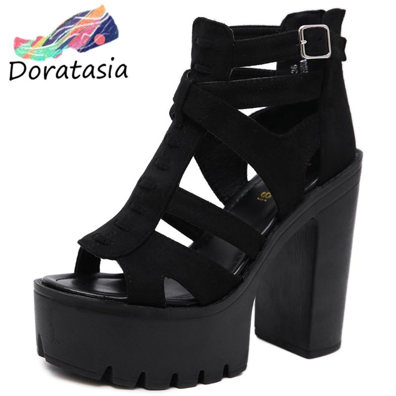 

DORATASIA Women Party Casual Dress Shoes 2020 Solid Sandals Women Fashion Platform Buckle Chunky Heel Sandals, Black