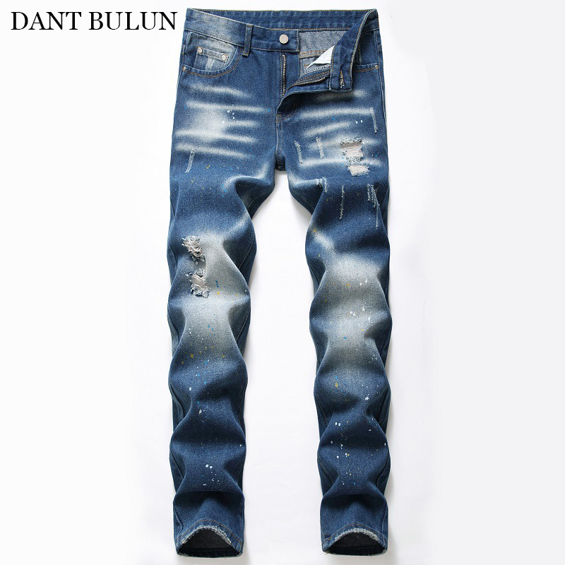 

New Men's Jeans Ripped Hole Dark Blue Jeans Homme Straight Slim Fit Denim Long Pants Male Casual Softener Trousers Hip Hop