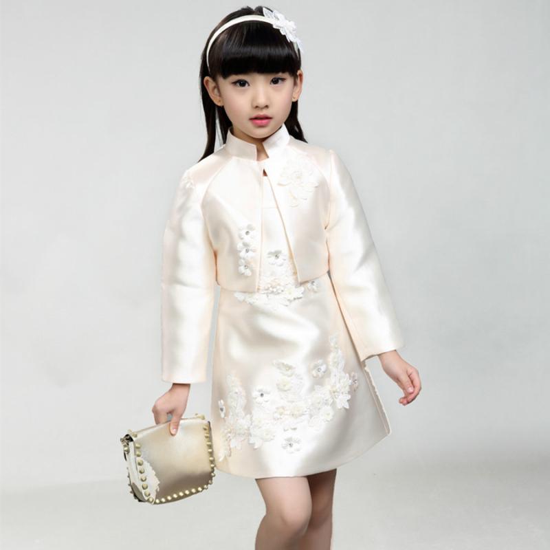 

Flower Girls Formal Dresses Lace Flower Wedding Clothing Costumes New Arrival Twinset Long Sleeve Dress Size 110-160, Champagne dress