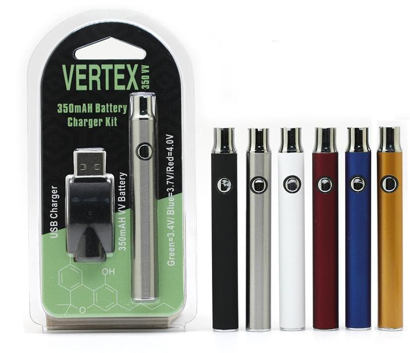 

Newest 9 Colors Co2 Oil VV Vertex Preheat Battery full 350mAh LO Preheating 3.4V 3.7V 4.0V Batteries Charger Kit 92A3 G2 atomizer