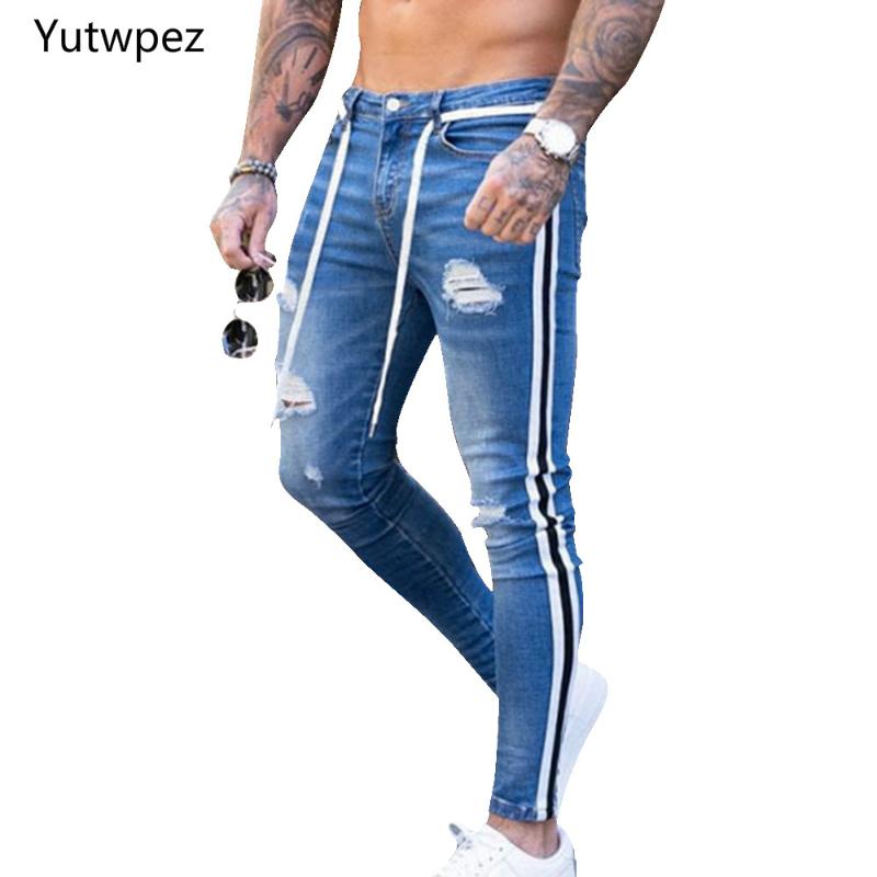 

2020 Trendy Men Skinny Jeans Biker Destroyed Frayed Fit Denim Ripped Denim Pants Side Stripe Pencil Pants Hip Hop Streetwear, Black