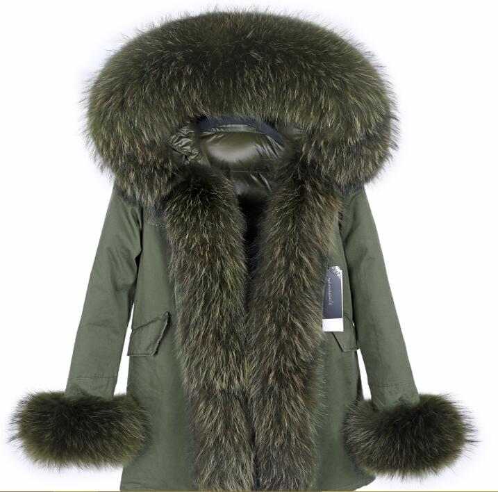 

New arrival Army green raccoon fur trim hoody and Placket Maomaokong down fill lining army long coat sleeve fur cut winter warm coats, Camouflage