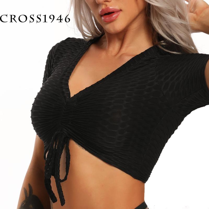 

Push up Seamless Yoga Shirt Women Fitness Short Sleeve Top Workout Drawstring short Sleeve Clothes Sportswear Running Shirt, Black