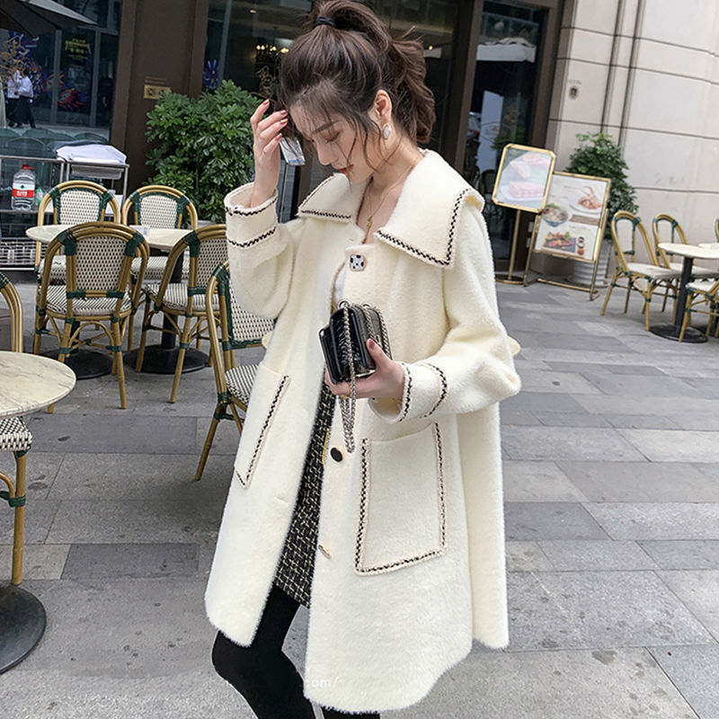 

Women New Autumn Winter Imitated Mink Cashmere Coat Female Casual Loose Soft Wool Coats Ladies Vintage Korean Fashion Outerwears, Beige