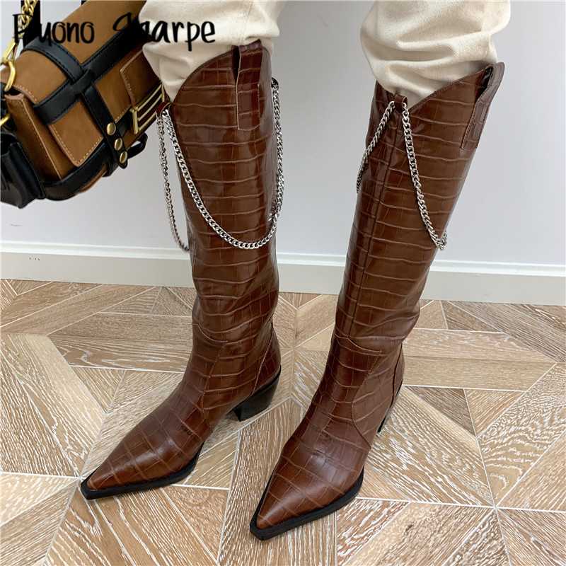 

Chunky Heel Emboss Leather Boots Metal Chains Long Boots Pointed Toe Western Female Cowboy Botas Stylish Motorcycle Shoes, White