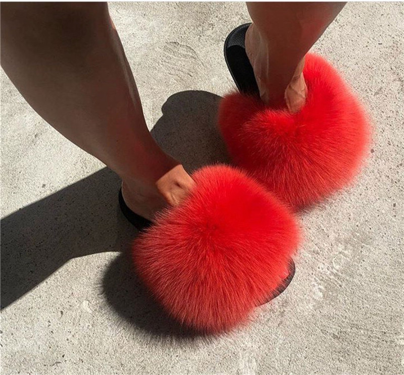 Women's Summer Real Fox Fur Slippers Home Fluffy Plush Shoes Woman Fur Slides Stripe Furry Sandals Female Fur Flip-Flop Size 45