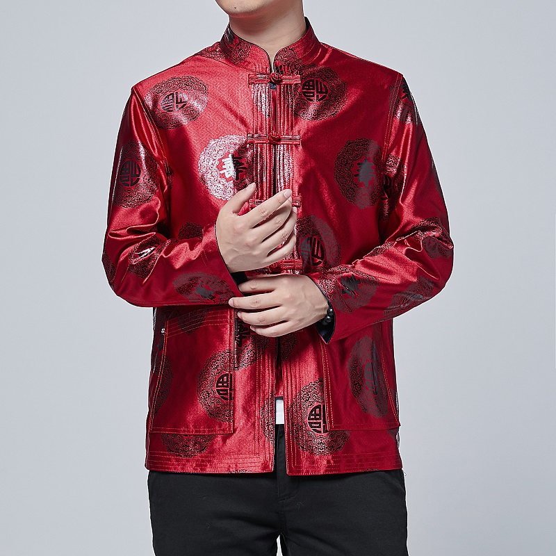 

Red Silk Tang Suits Mens Autumn Jackets Buckle Hanfu Chinese Styles Suits New Year Dress China Top Mandarin Collar Double-sided