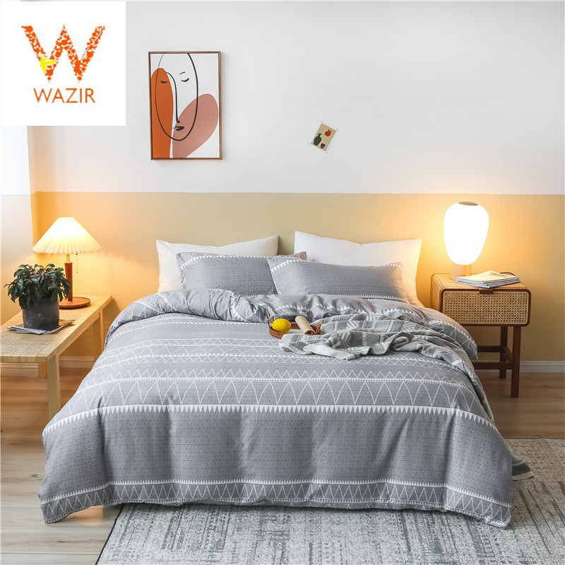 

WAZIR Striped Simple Cotton Bedding Sets Home Textile  King Queen Bed linens Set Bedclothes Comforter Duvet Cover Pillowcase, Grey