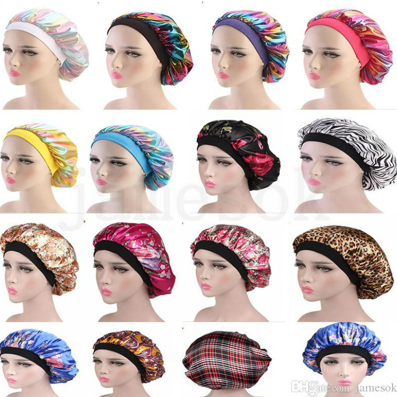 

Laser Beret Elastic Wide Side Sleep Turban Hat Silky Shower Cap Hair Care Perm Cap for Woman Head Wrap Hair Accessories DA205, Multi