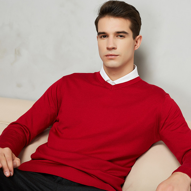 

Men's V-neck Cotton Pullover Autumn Winter Warm Solid Slim Fit Long Sleeve Clothes Knitted Casual Wool Hombre Sweater Pull Homme, Blue