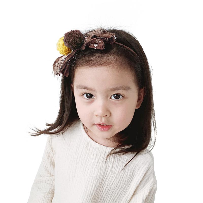 

New Cute Headband Girl Kids Hair Accessories Korea Handmade Wool Balls Fabrics Bow HairBands Hair Hoop Photo Prop Party Headwear, Caramel