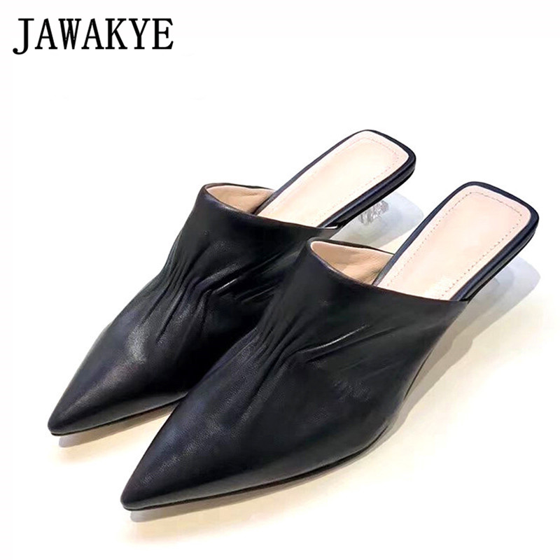 

Runway Genuine Leather Clear Kitten Heel Slippers Women Pointy Toe Solid Pleated Shallow Slipper Summer Outdoor Shoes Woman, Black