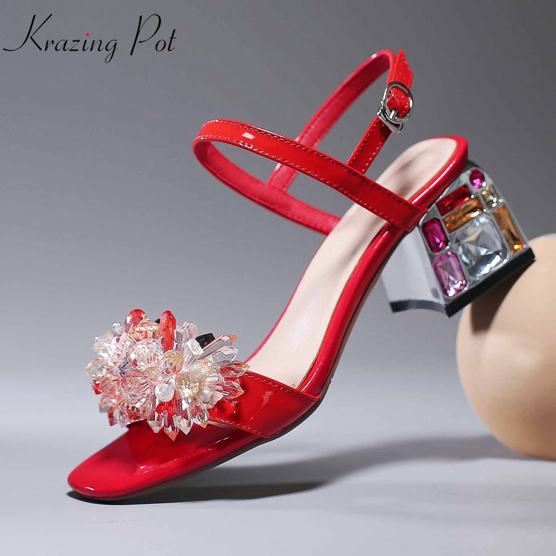 

Krazing pot 2020 genuine leather peep toe bling art design heel high heels diamond-studded pendant beading plus size sandals L33, Red 5.5cm heel