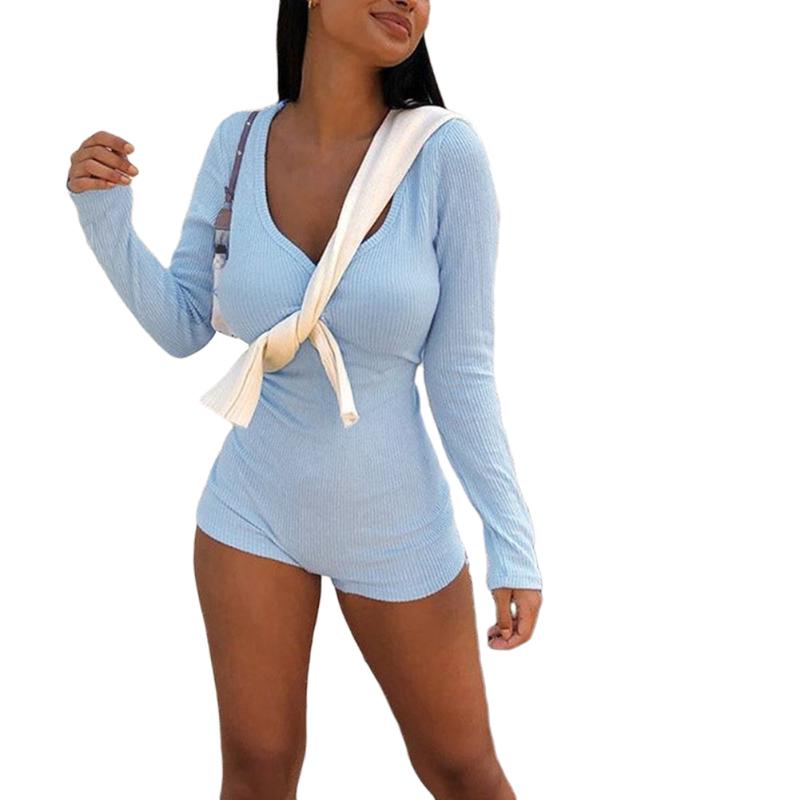 

Women Sexy Long Sleeve V-neck Jumpsuit Fashion Solid Color Buttons Jumpsuit for Women Ladies, Blue