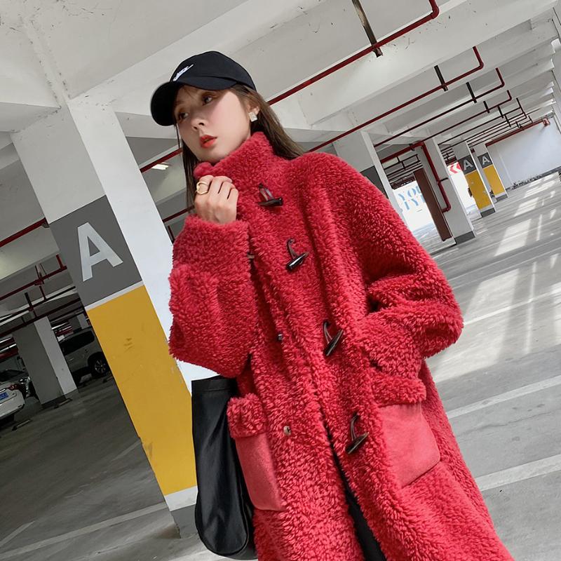 

Women 2020 Winter New Fashion Medium Real Lamb Coat Female Granular Sheep Shearing Horn Button Jackets Ladies Loose Outwear L15, White