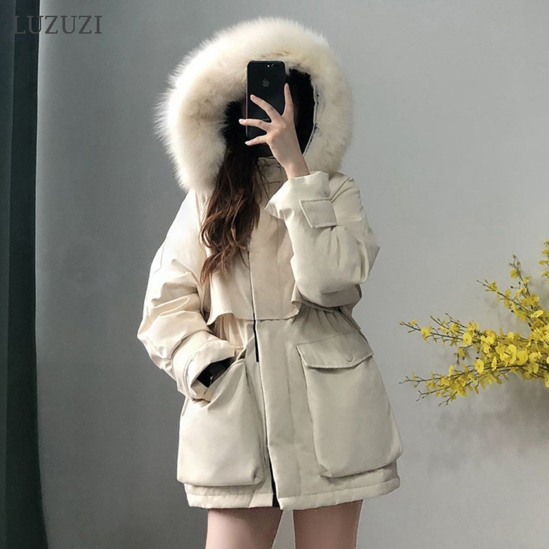 

LUZUZI Large Natural Fur Hooded Women's Winter Jacket 90% White Duck Down Thick Warm Coat Female Parkas Sash Tie Up Outwear, White with fur