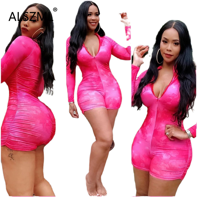 

summer hot sale pink tie-dye long-sleeved deep v neck jumpsuits sexy tight night club party sheath bodysuits, Fuchsia