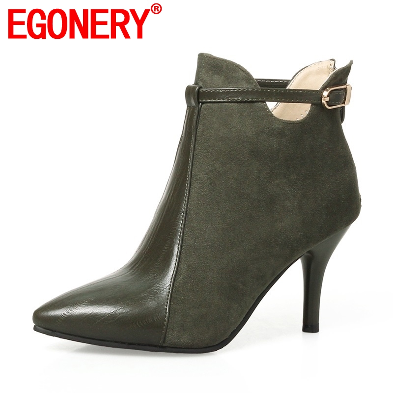

EGONERY women boots newest zipper super high thin heels pointed toe flock and pu metal buckle fashion sexy three colors booties, Black
